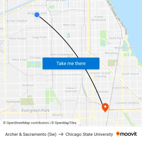 Archer & Sacramento (Sw) to Chicago State University map