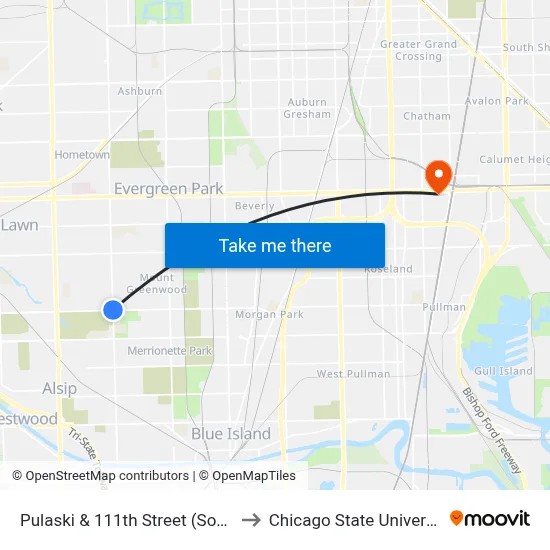 Pulaski & 111th Street (South) to Chicago State University map