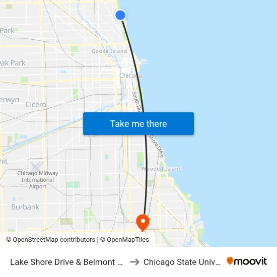Lake Shore Drive & Belmont (South) to Chicago State University map