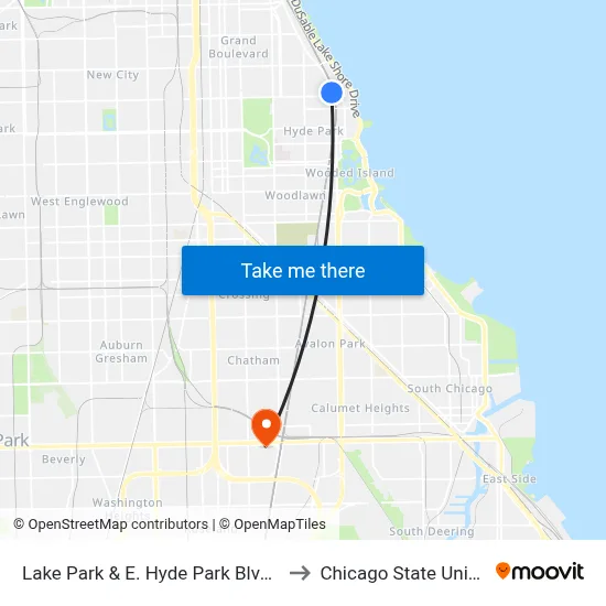Lake Park & E. Hyde Park Blvd (South) to Chicago State University map
