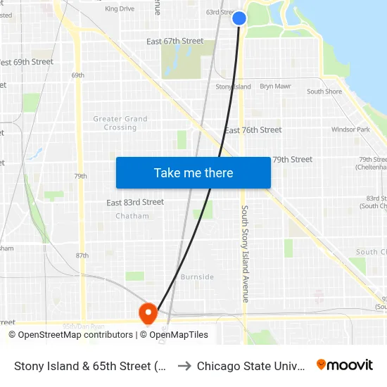 Stony Island & 65th Street (South) to Chicago State University map