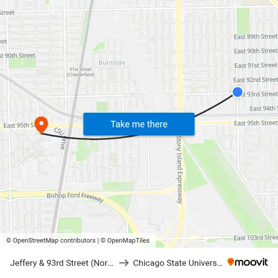 Jeffery & 93rd Street (North) to Chicago State University map