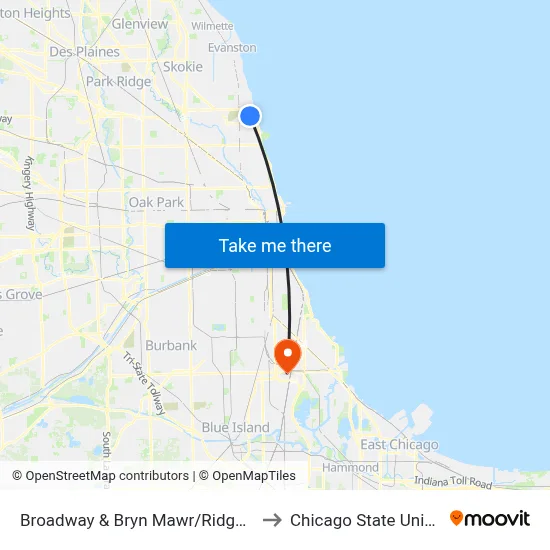 Broadway & Bryn Mawr/Ridge (South) to Chicago State University map