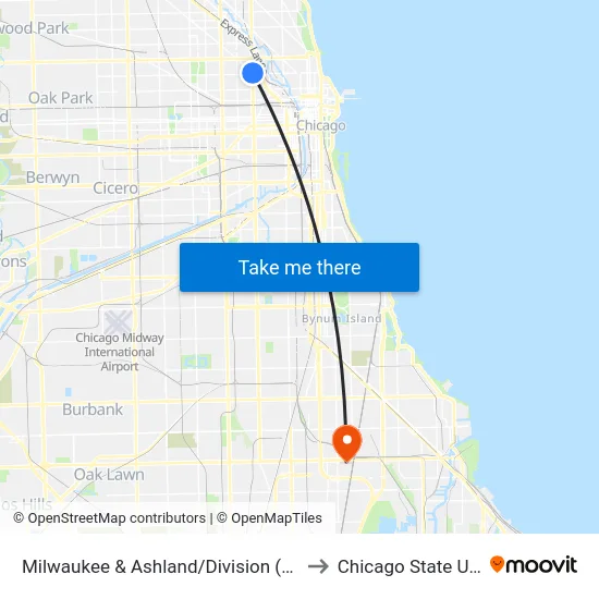 Milwaukee & Ashland/Division (Blue Line) (Nw) to Chicago State University map