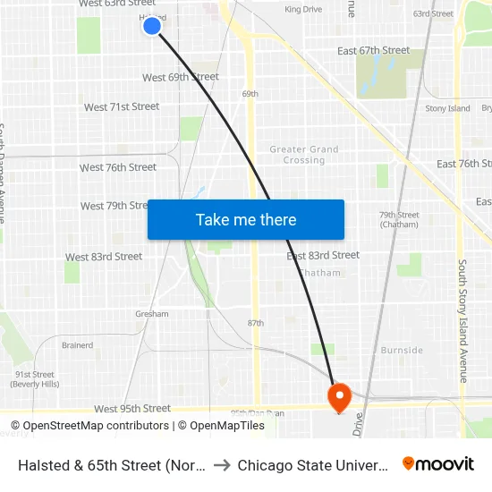 Halsted & 65th Street (North) to Chicago State University map