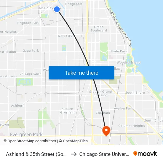 Ashland & 35th Street (South) to Chicago State University map