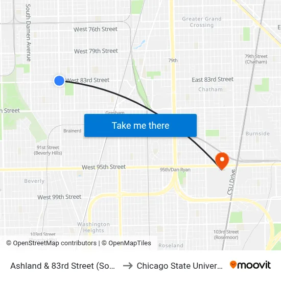 Ashland & 83rd Street (South) to Chicago State University map