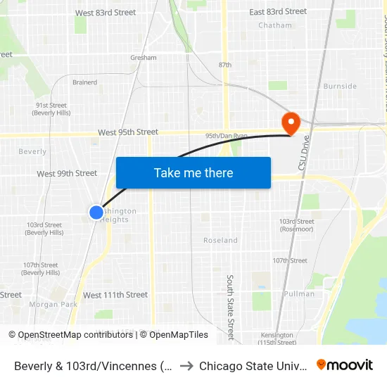 Beverly & 103rd/Vincennes (South) to Chicago State University map