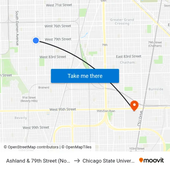 Ashland & 79th Street (North) to Chicago State University map