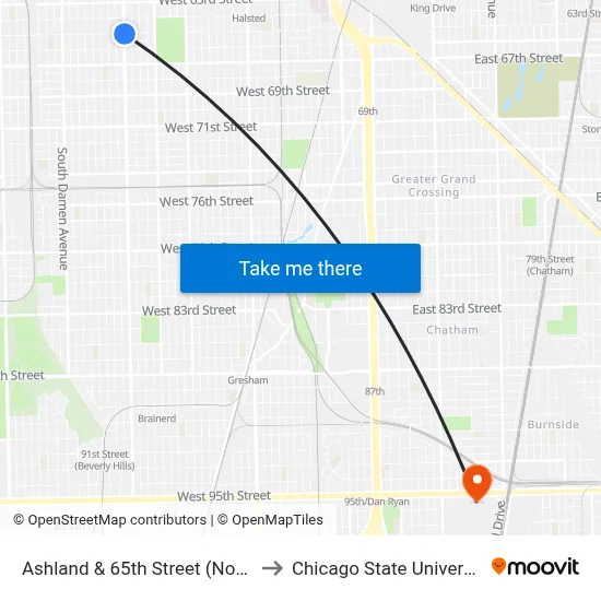 Ashland & 65th Street (North) to Chicago State University map