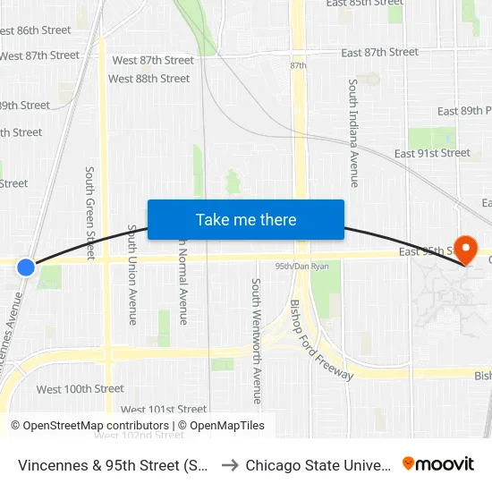 Vincennes & 95th Street (South) to Chicago State University map