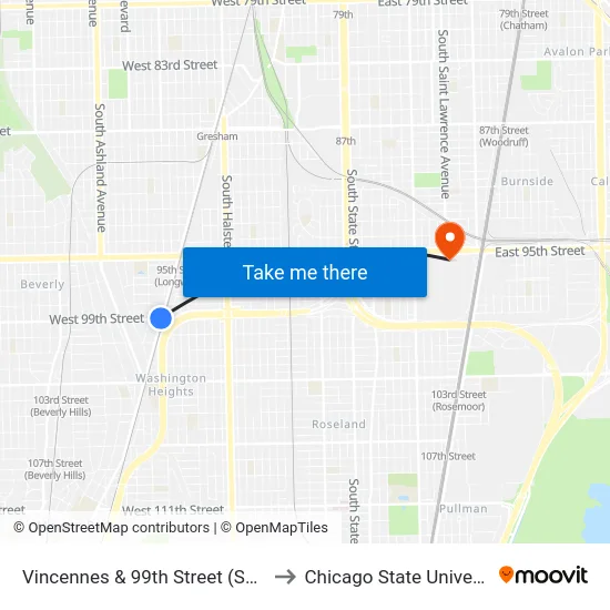 Vincennes & 99th Street (South) to Chicago State University map