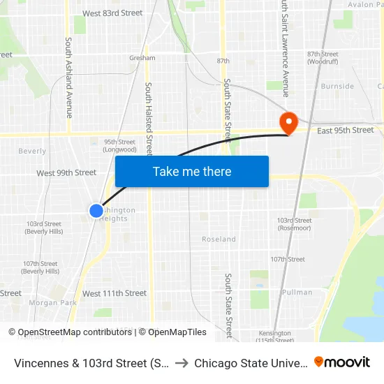 Vincennes & 103rd Street (South) to Chicago State University map