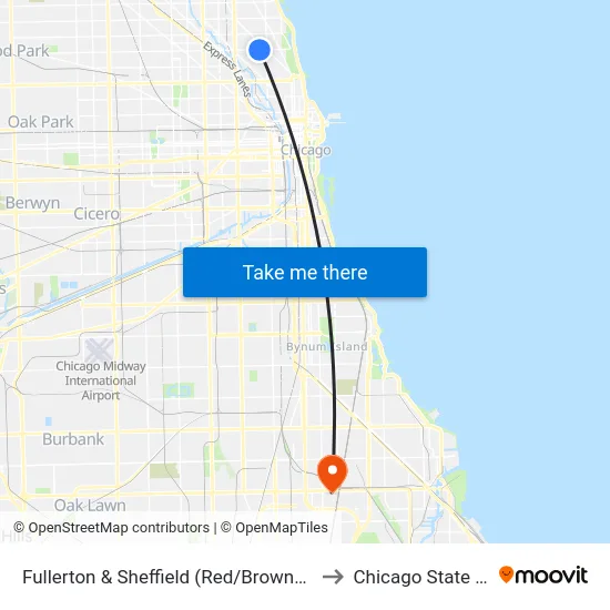 Fullerton & Sheffield (Red/Brown/Purple Line) (East) to Chicago State University map