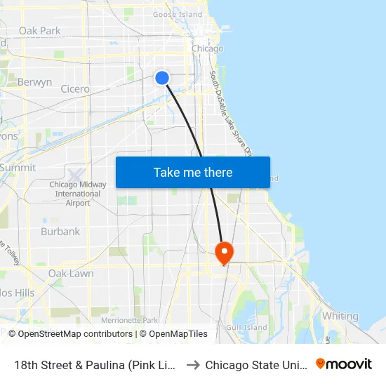 18th Street & Paulina (Pink Line) (East) to Chicago State University map