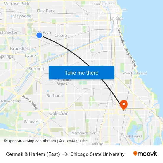 Cermak & Harlem (East) to Chicago State University map