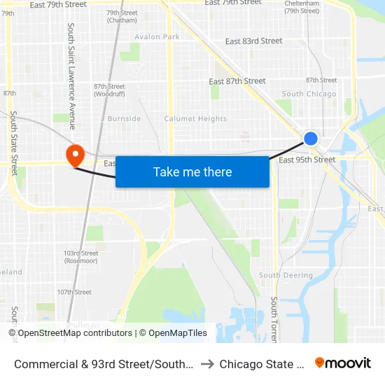 Commercial & 93rd Street/South Chicago (North) to Chicago State University map