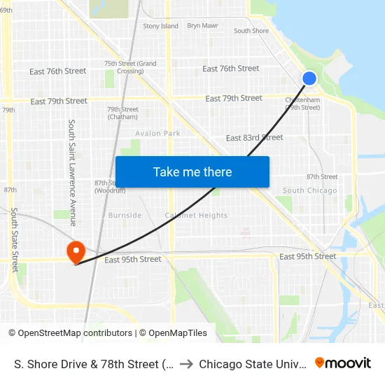 S. Shore Drive & 78th Street (South) to Chicago State University map