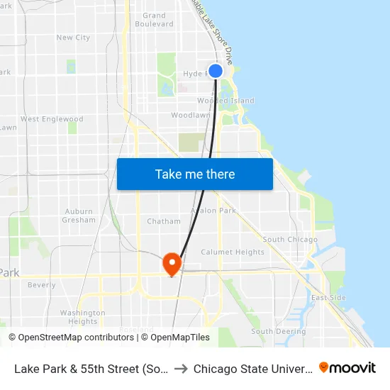 Lake Park & 55th Street (South) to Chicago State University map