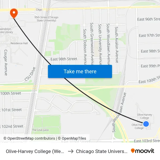 Olive-Harvey College (West) to Chicago State University map