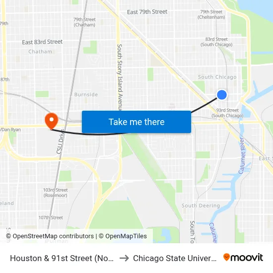 Houston & 91st Street (North) to Chicago State University map