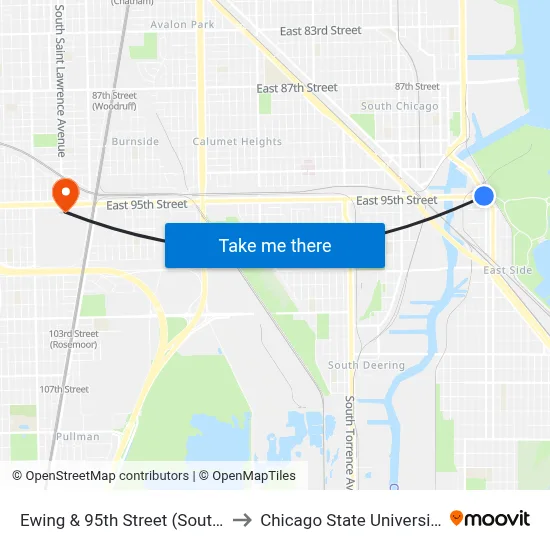 Ewing & 95th Street (South) to Chicago State University map