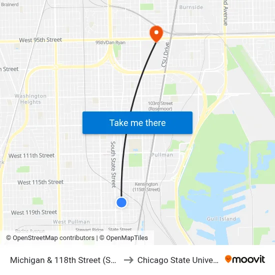 Michigan & 118th Street (South) to Chicago State University map