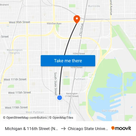 Michigan & 116th Street (North) to Chicago State University map