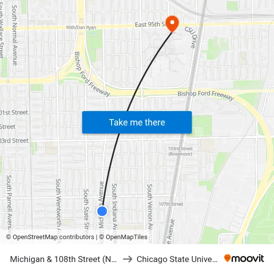 Michigan & 108th Street (North) to Chicago State University map