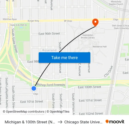 Michigan & 100th Street (North) to Chicago State University map