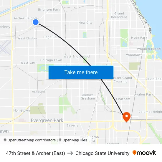 47th Street & Archer (East) to Chicago State University map
