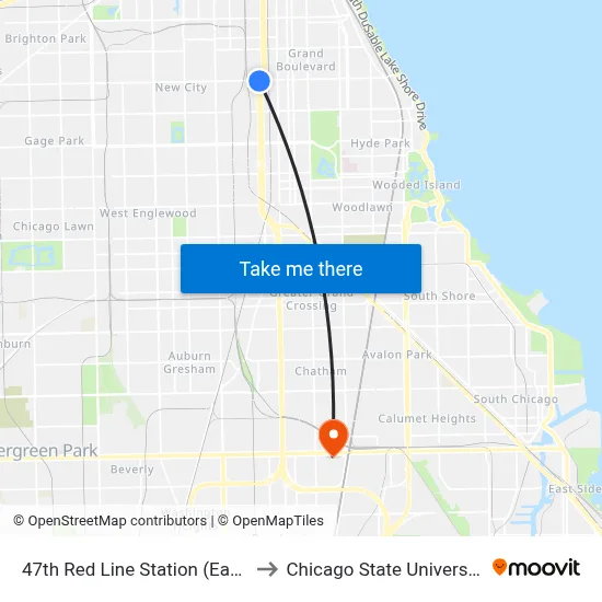 47th Red Line Station (East) to Chicago State University map