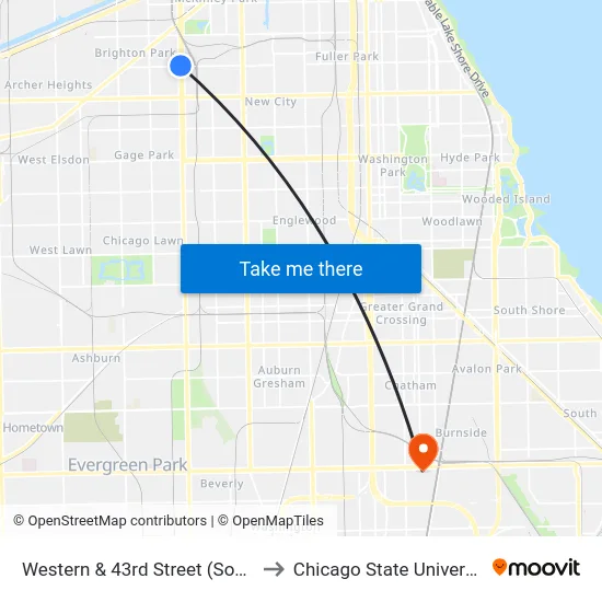 Western & 43rd Street (South) to Chicago State University map