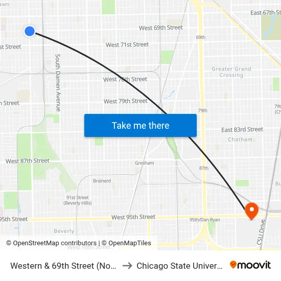 Western & 69th Street (North) to Chicago State University map
