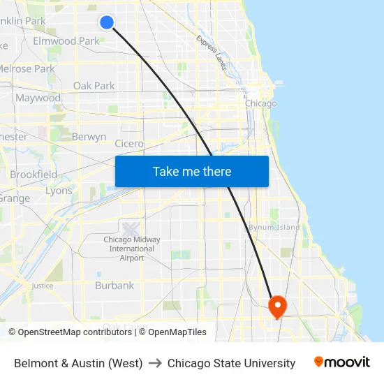 Belmont & Austin (West) to Chicago State University map