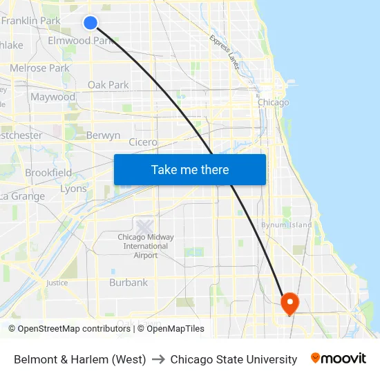 Belmont & Harlem (West) to Chicago State University map