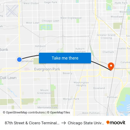 87th Street & Cicero Terminal (West) to Chicago State University map