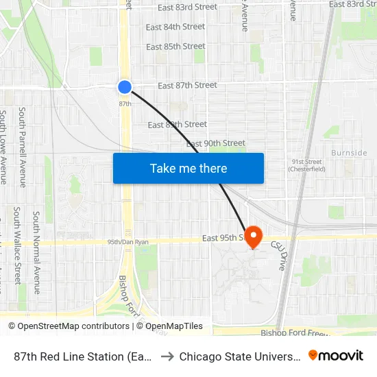 87th Red Line Station (East) to Chicago State University map