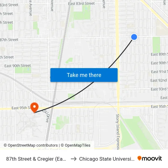 87th Street & Cregier (East) to Chicago State University map