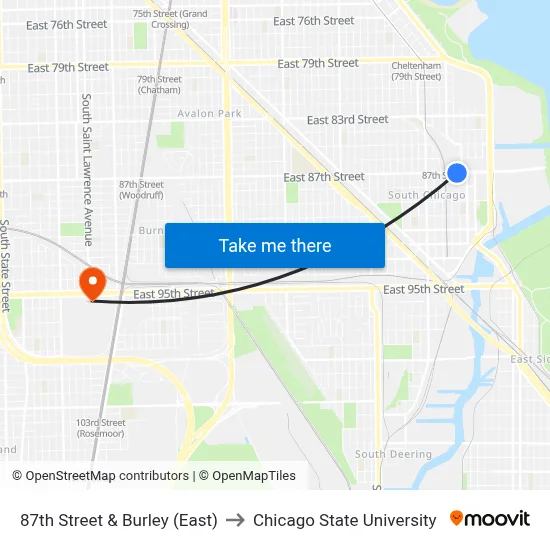 87th Street & Burley (East) to Chicago State University map