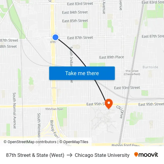 87th Street & State (West) to Chicago State University map