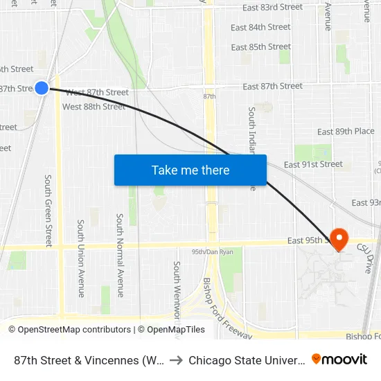 87th Street & Vincennes (West) to Chicago State University map