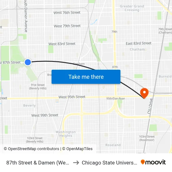 87th Street & Damen (West) to Chicago State University map