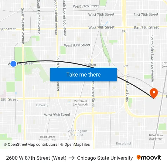 2600 W 87th Street (West) to Chicago State University map