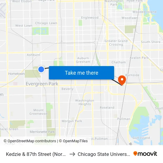 Kedzie & 87th Street (North) to Chicago State University map