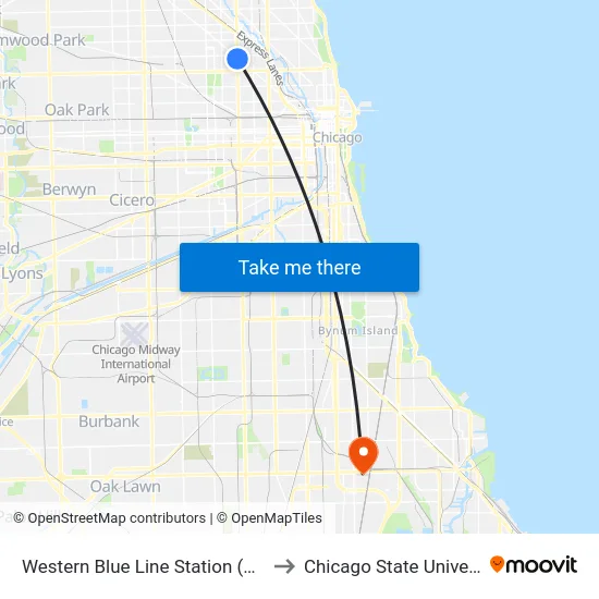 Western Blue Line Station (North) to Chicago State University map