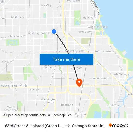 63rd Street & Halsted (Green Line) (East) to Chicago State University map