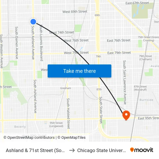Ashland & 71st Street (South) to Chicago State University map