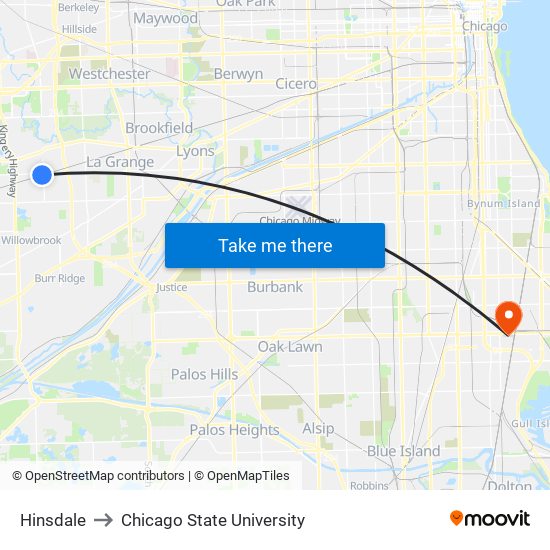 Hinsdale to Chicago State University map