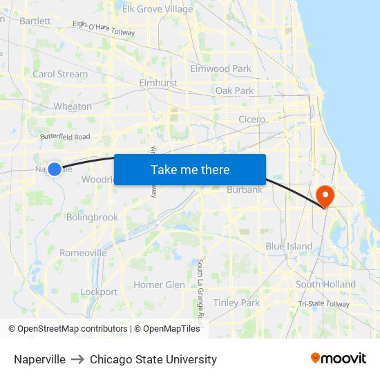 Naperville to Chicago State University map